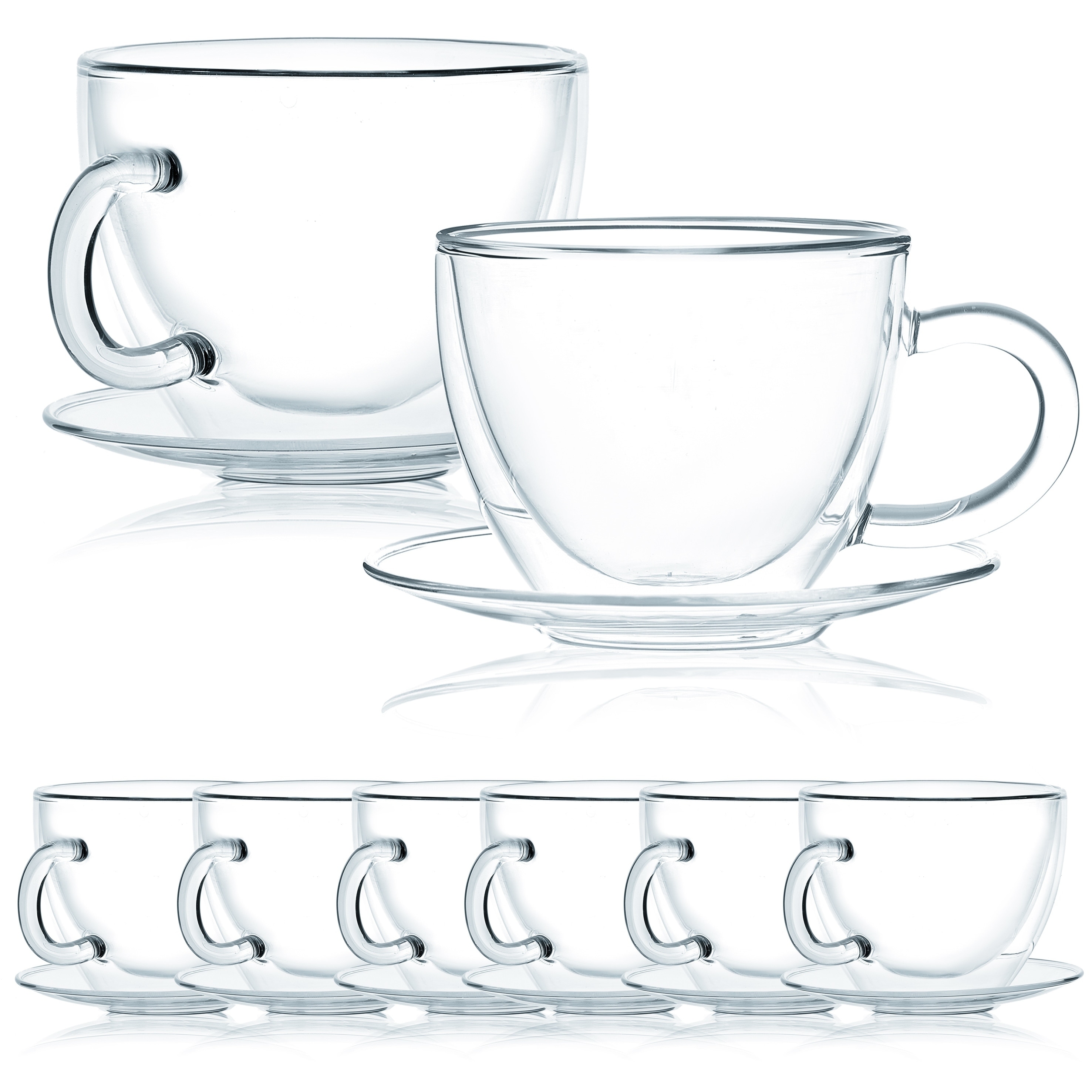 JavaFly Double Wall Glass Cup With Saucer, Set of 4, Flowering Tea