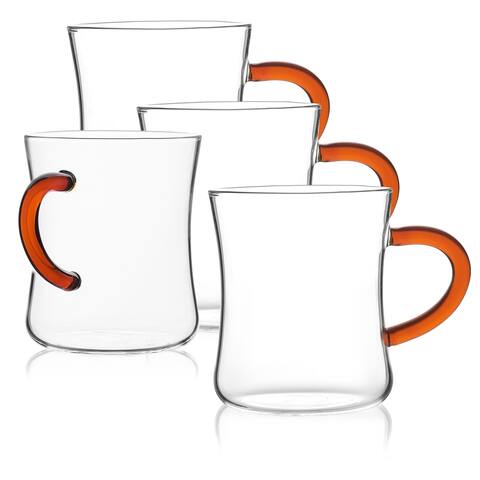 JavaFly Glass Mug with Orange Handle, Set of 4, 10.5 oz