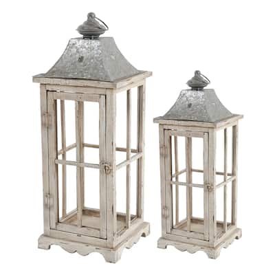 Wood and Metal Lanterns with Window Pane Design, White, Set of 2