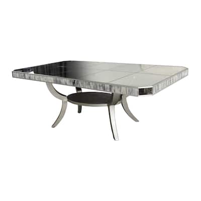 Wooden Rectangular Dining Table with Mirror Insets, Silver and Clear