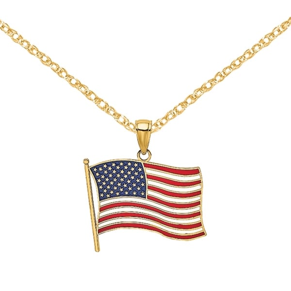 14k Yellow Gold National Flag of the United States of America Pendant Necklace