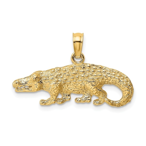 Solid 14K Yellow Gold Textured Alligator Charm Animal Pendant with High Polish