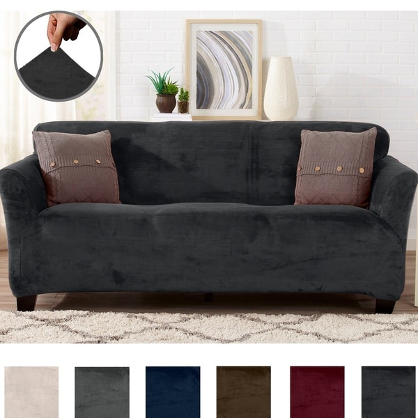 Camellia Collection Velvet Plush Form Fit Stretch Sofa Slipcover in Off