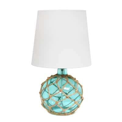 Elegant Designs Buoy Rope Nautical Netted Coastal Ocean Sea Glass Table Lamp with Fabric Shade