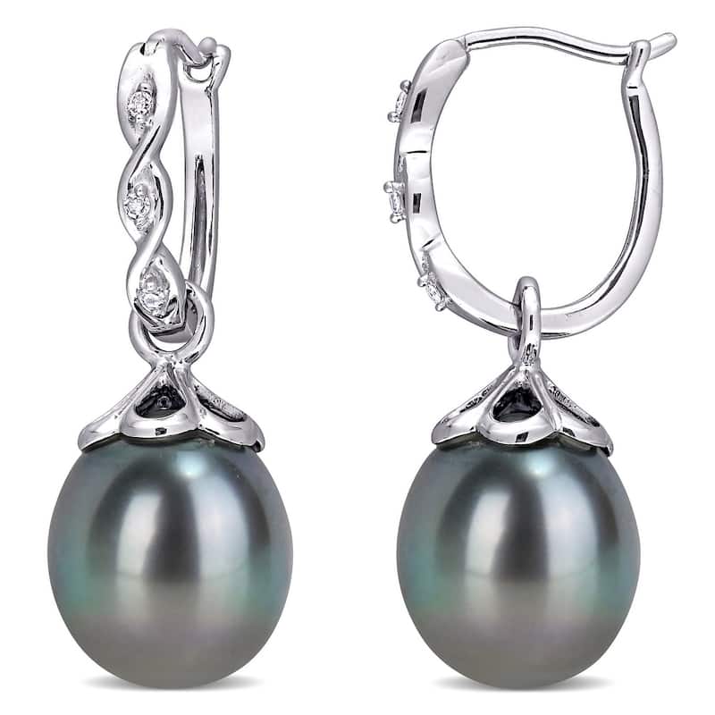 Miadora 10k White Gold Tahitian Cultured Pearl and Diamond Drop Earrings (9-9.5 MM)