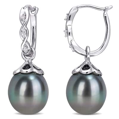 Miadora 10k White Gold Tahitian Cultured Pearl and Diamond Drop Earrings (9-9.5 MM)