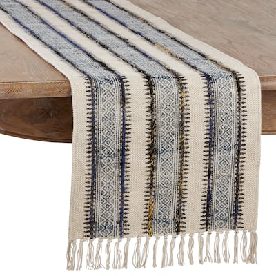 Embroidered Table Runner With Block Print Design