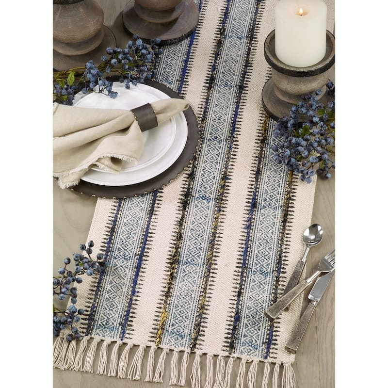 Embroidered Table Runner With Block Print Design