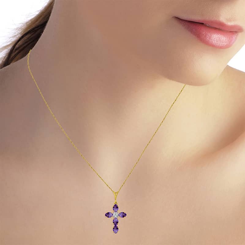 1.75 Carat 14K Gold Cross Necklace Natural Diamond Purple Amethyst