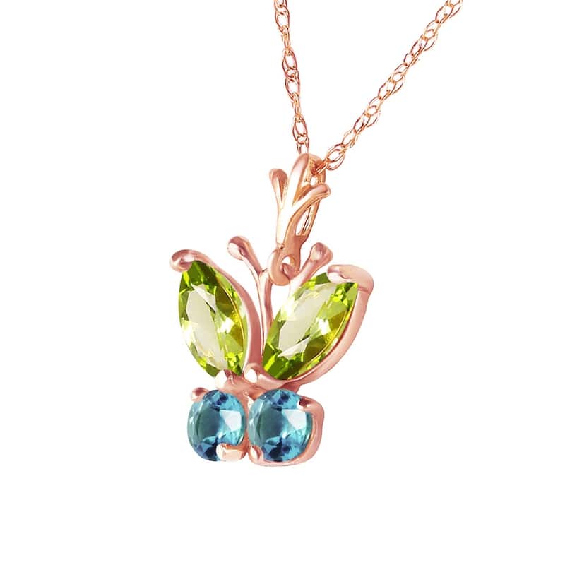 0.6 Carat 14K Rose Gold Butterfly Necklace Blue Topaz Peridot