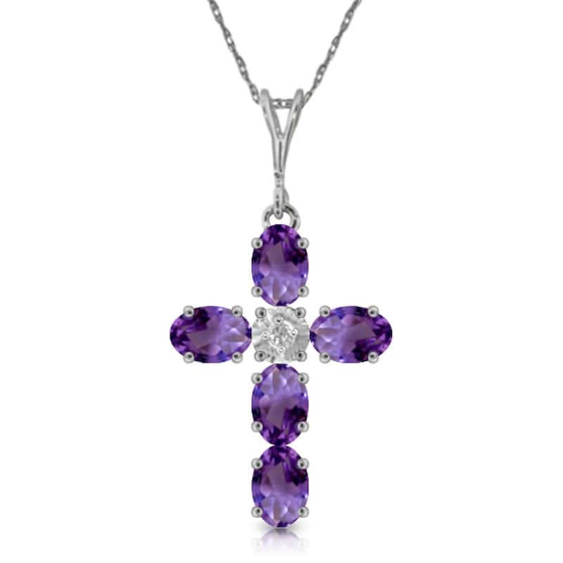 1.75 Carat 14K White Gold Cross Necklace Natural Diamond Purple Amethyst
