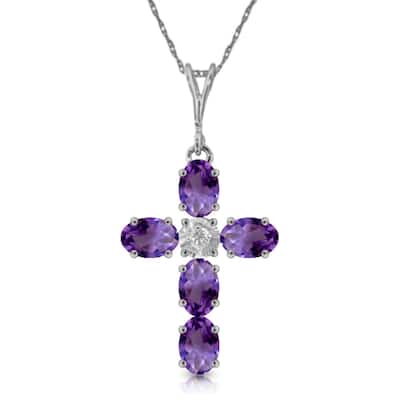 1.75 Carat 14K White Gold Cross Necklace Natural Diamond Purple Amethyst