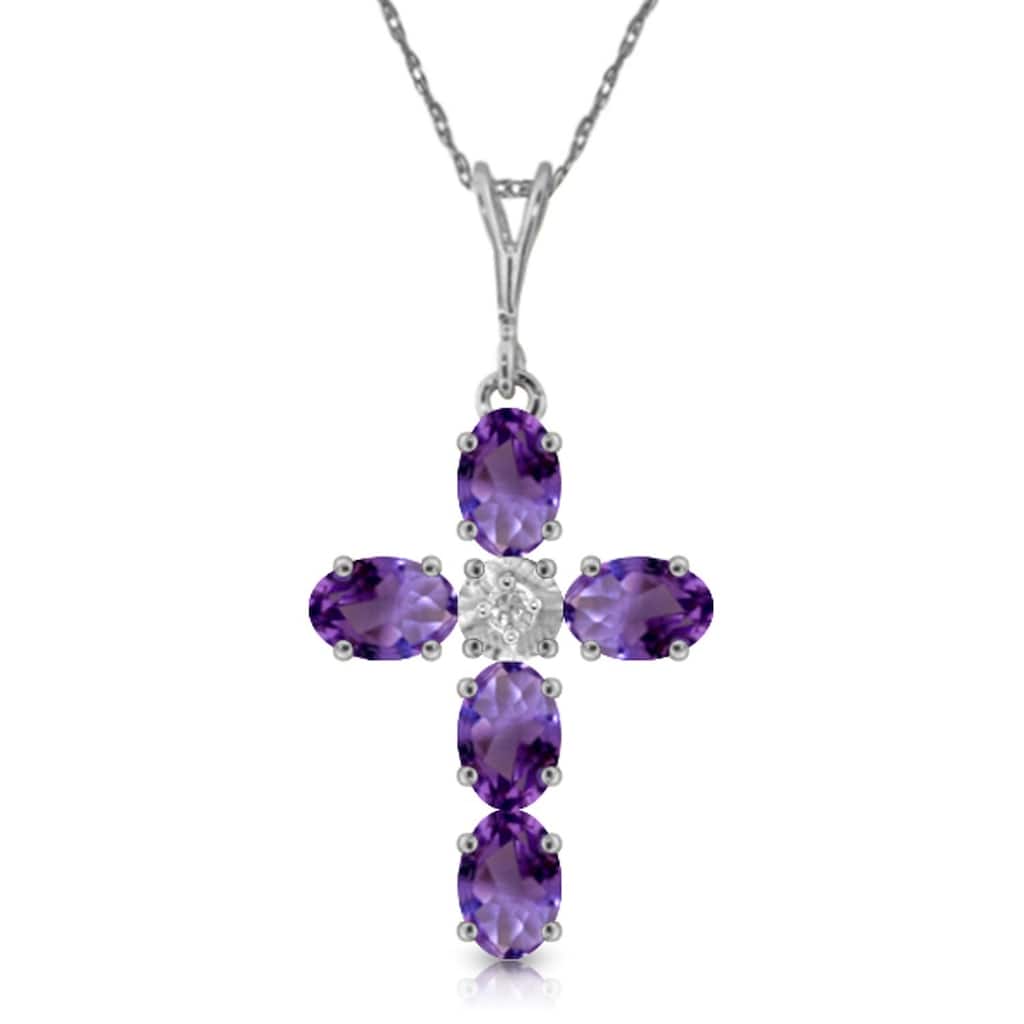 1.75 Carat 14K White Gold Cross Necklace Natural Diamond Purple Amethyst