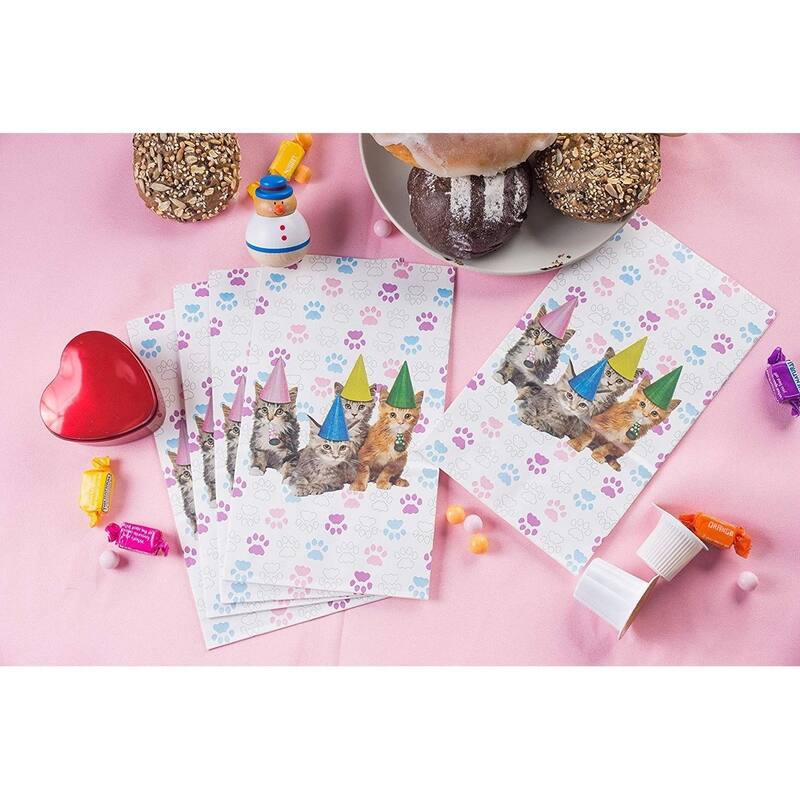 Blue Panda 36-Pack Paper Cat Gift Bags, Birthday Cats and Paws Design, 5.1 x 8.7 x 3.2 Inch