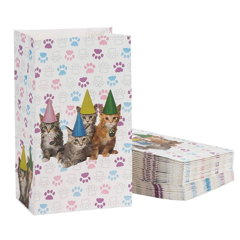 Blue Panda 36-Pack Paper Cat Gift Bags, Birthday Cats and Paws Design, 5.1 x 8.7 x 3.2 Inch