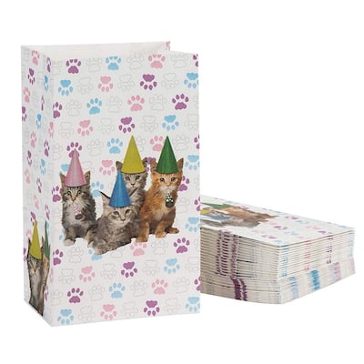 Blue Panda 36-Pack Paper Cat Gift Bags, Birthday Cats and Paws Design, 5.1 x 8.7 x 3.2 Inch