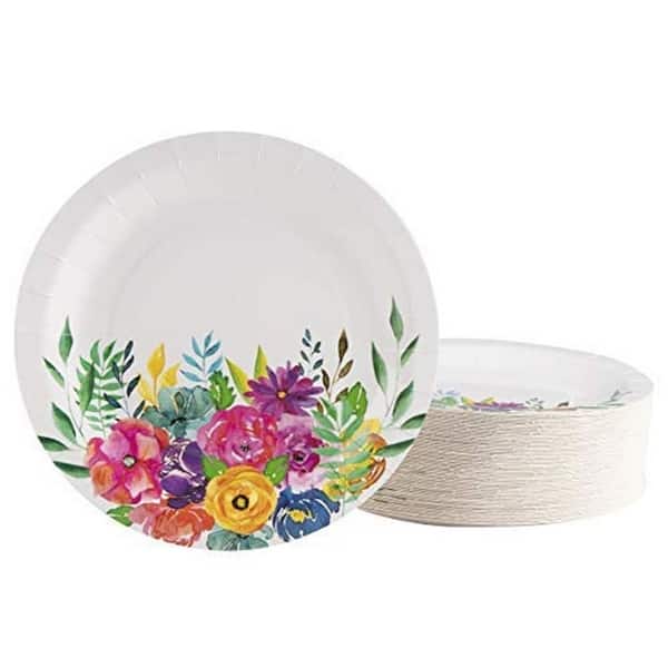Juvale 80-Pack Floral Party Supplies, White Paper Plates (9 in)
