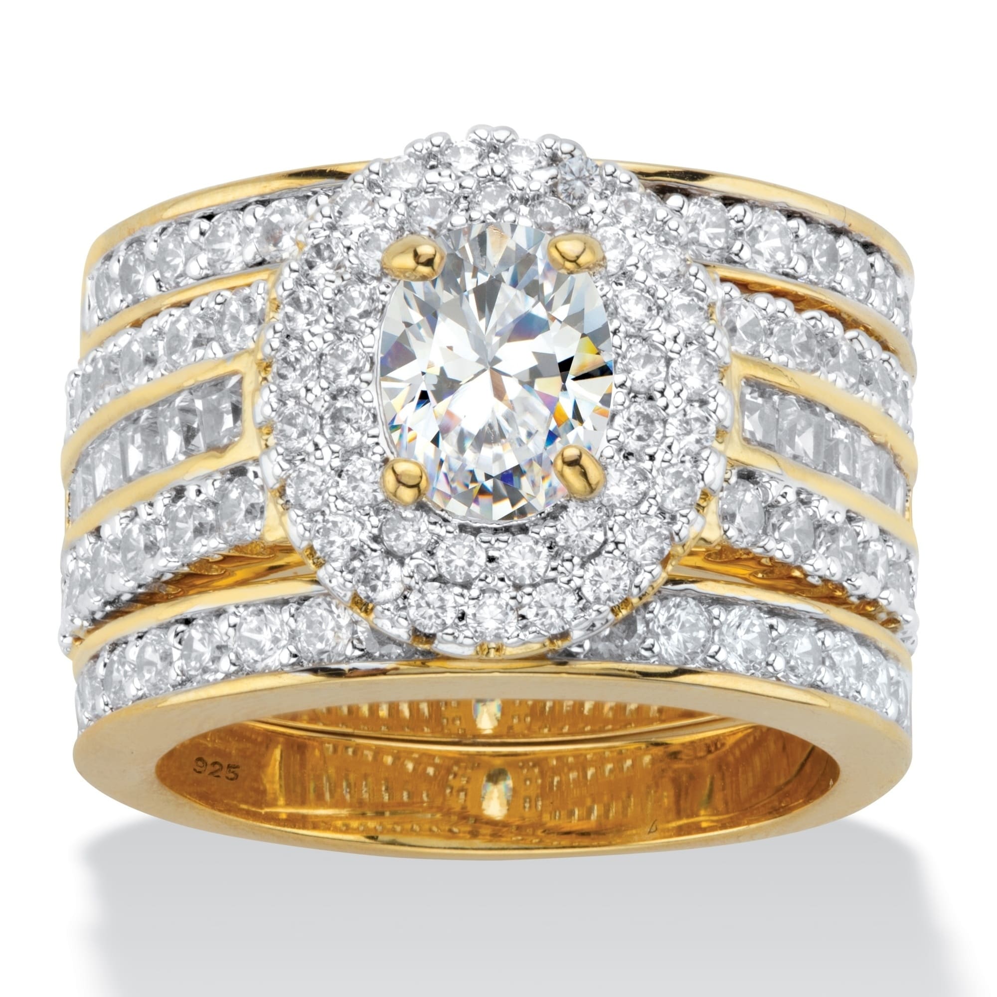 Palm Beach Jewelry 14K Yellow Gold Plated Oval Cut Cubic Zirconia 2 Piece Bridal Ring Set with Free Bonus Ring