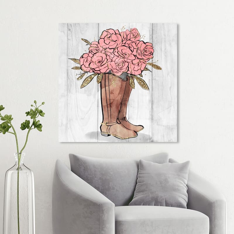 Wynwood Studio 'Rider Boots Flowers' Floral and Botanical Wall Art Canvas Print - Pink, Brown