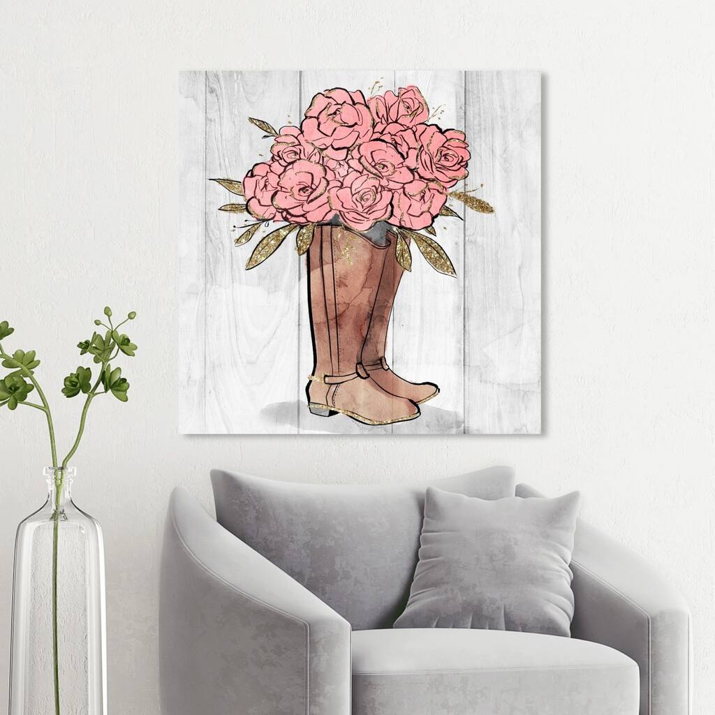 Wynwood Studio 'Rider Boots Flowers' Floral and Botanical Wall Art Canvas Print - Pink, Brown