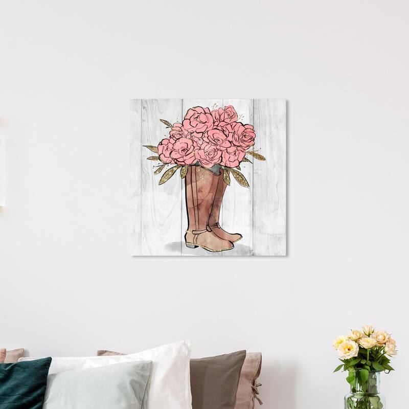 Wynwood Studio 'Rider Boots Flowers' Floral and Botanical Wall Art Canvas Print - Pink, Brown - 20 x 20