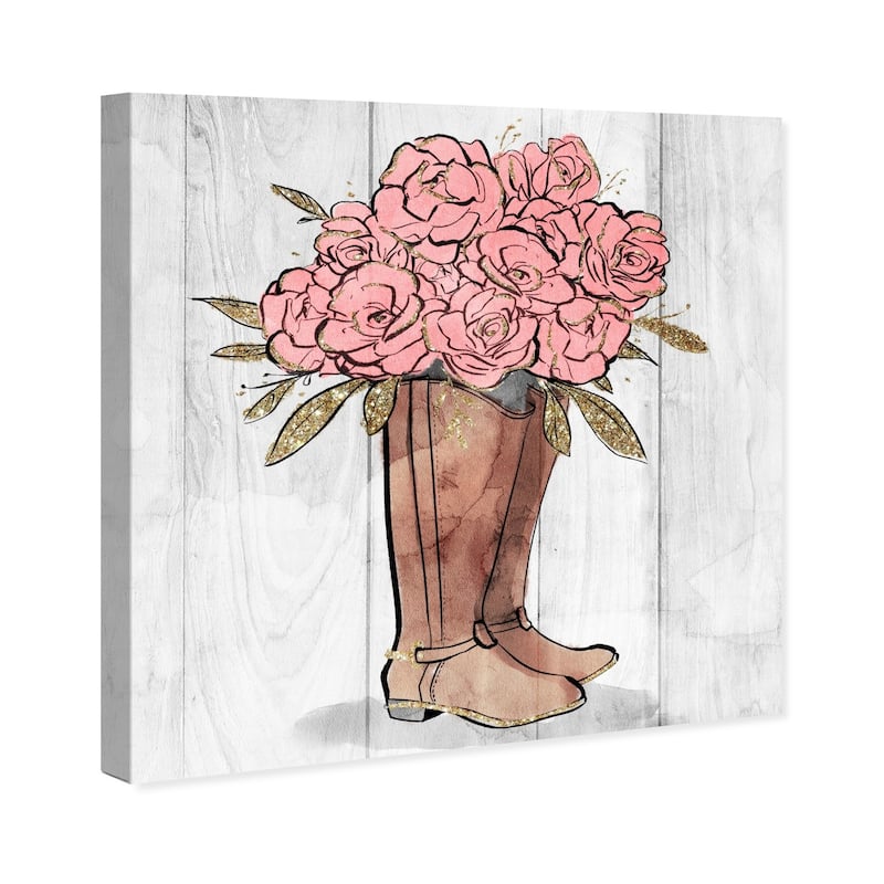 Wynwood Studio 'Rider Boots Flowers' Floral and Botanical Wall Art Canvas Print - Pink, Brown