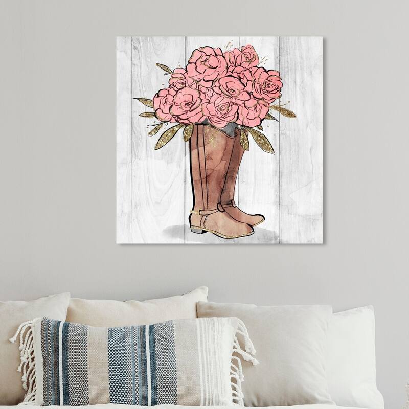Wynwood Studio 'Rider Boots Flowers' Floral and Botanical Wall Art Canvas Print - Pink, Brown