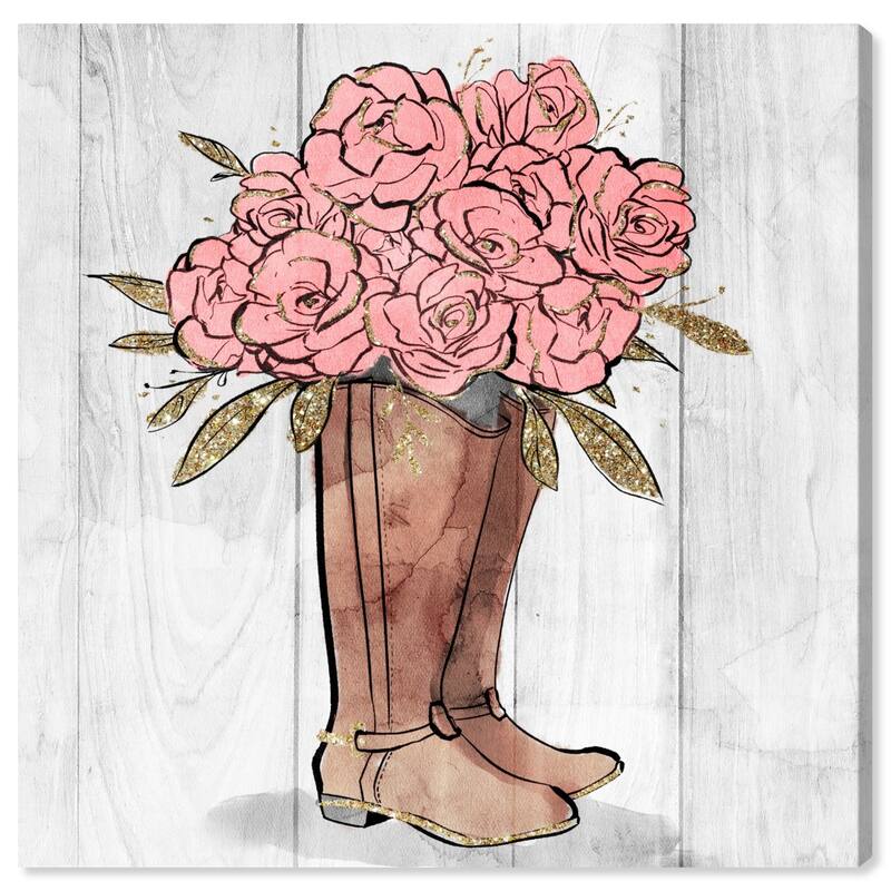Wynwood Studio 'Rider Boots Flowers' Floral and Botanical Wall Art Canvas Print - Pink, Brown