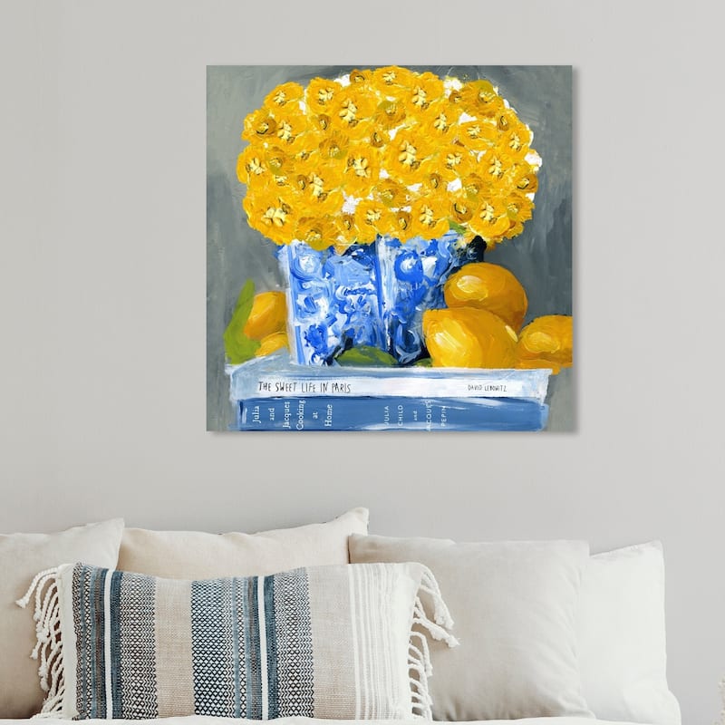Wynwood Studio 'Cook Book Love Square' Floral and Botanical Wall Art Canvas Print - Yellow, Blue
