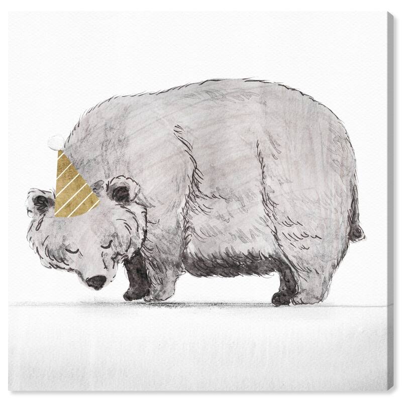 Wynwood Studio 'Party Time Bear' Animals Wall Art Canvas Print - Gray, Gold