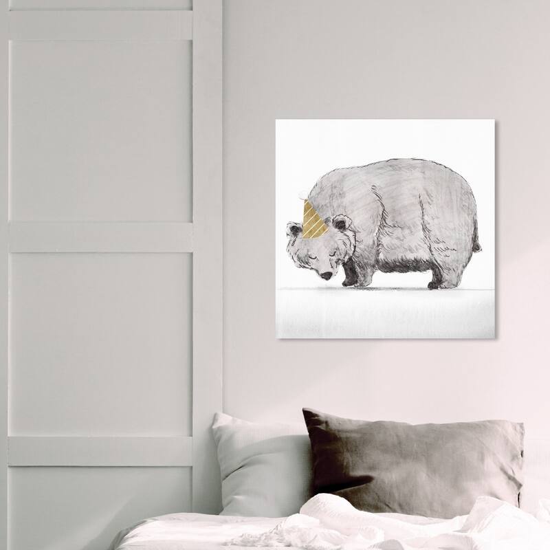 Wynwood Studio 'Party Time Bear' Animals Wall Art Canvas Print - Gray, Gold - 20 x 20