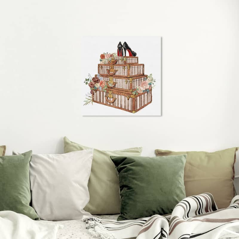 Wynwood Studio 'Travel and Fashion Stack' Fashion and Glam Wall Art Canvas Print - Brown, White - 20 x 20