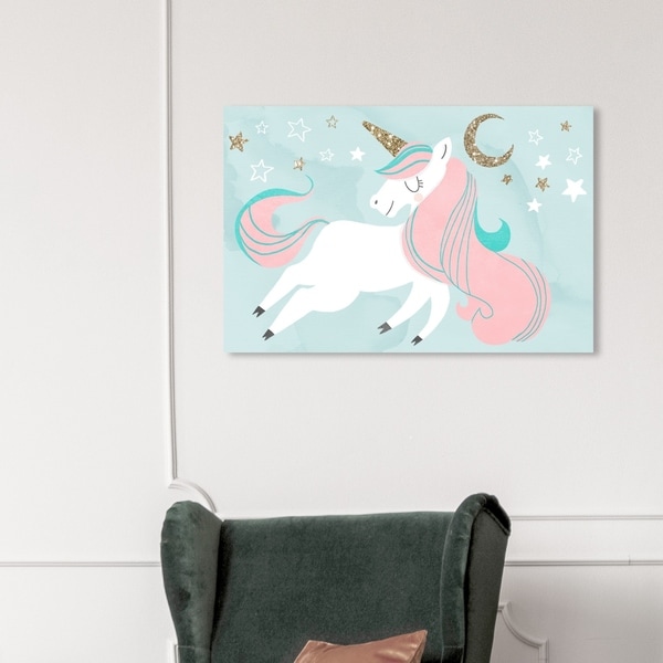 Wynwood Studio 'Unicorn and the Moon' Fantasy and Sci-Fi Wall Art Canvas Print - Pink, Gold