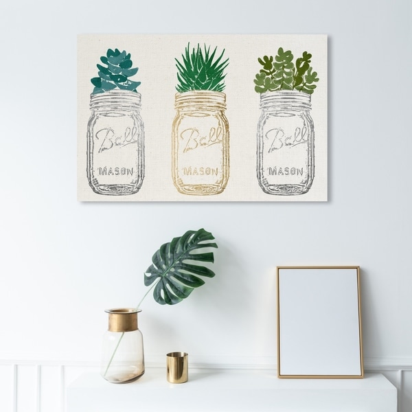Wynwood Studio 'Mason Jars and Succulents' Floral and Botanical Wall Art Canvas Print - Gold, White
