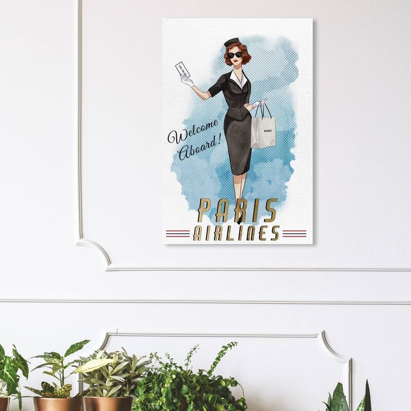 Wynwood Studio 'Paris Stewardess' Fashion and Glam Wall Art Canvas Print - White, Gold