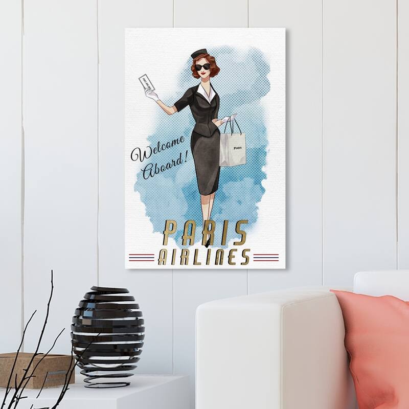 Wynwood Studio 'Paris Stewardess' Fashion and Glam Wall Art Canvas Print - White, Gold - 20 x 30