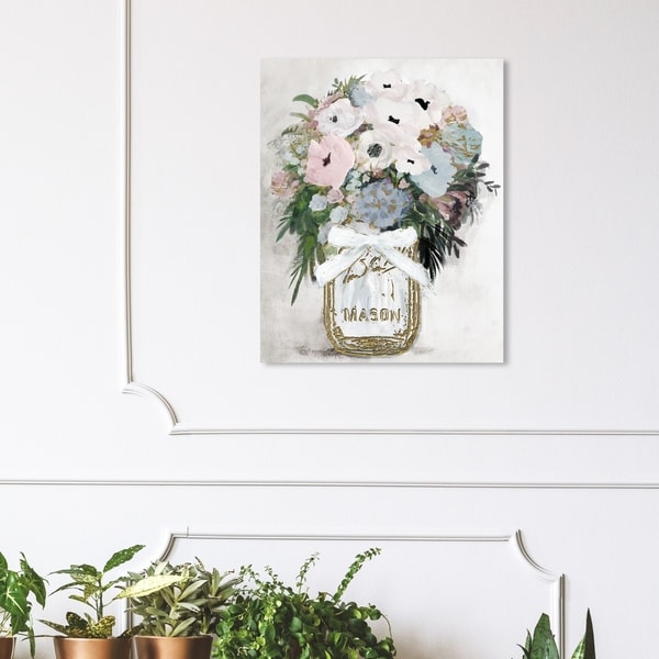 Wynwood Studio 'Anemone Mason Jar' Floral and Botanical Wall Art Canvas Print - Gold, White