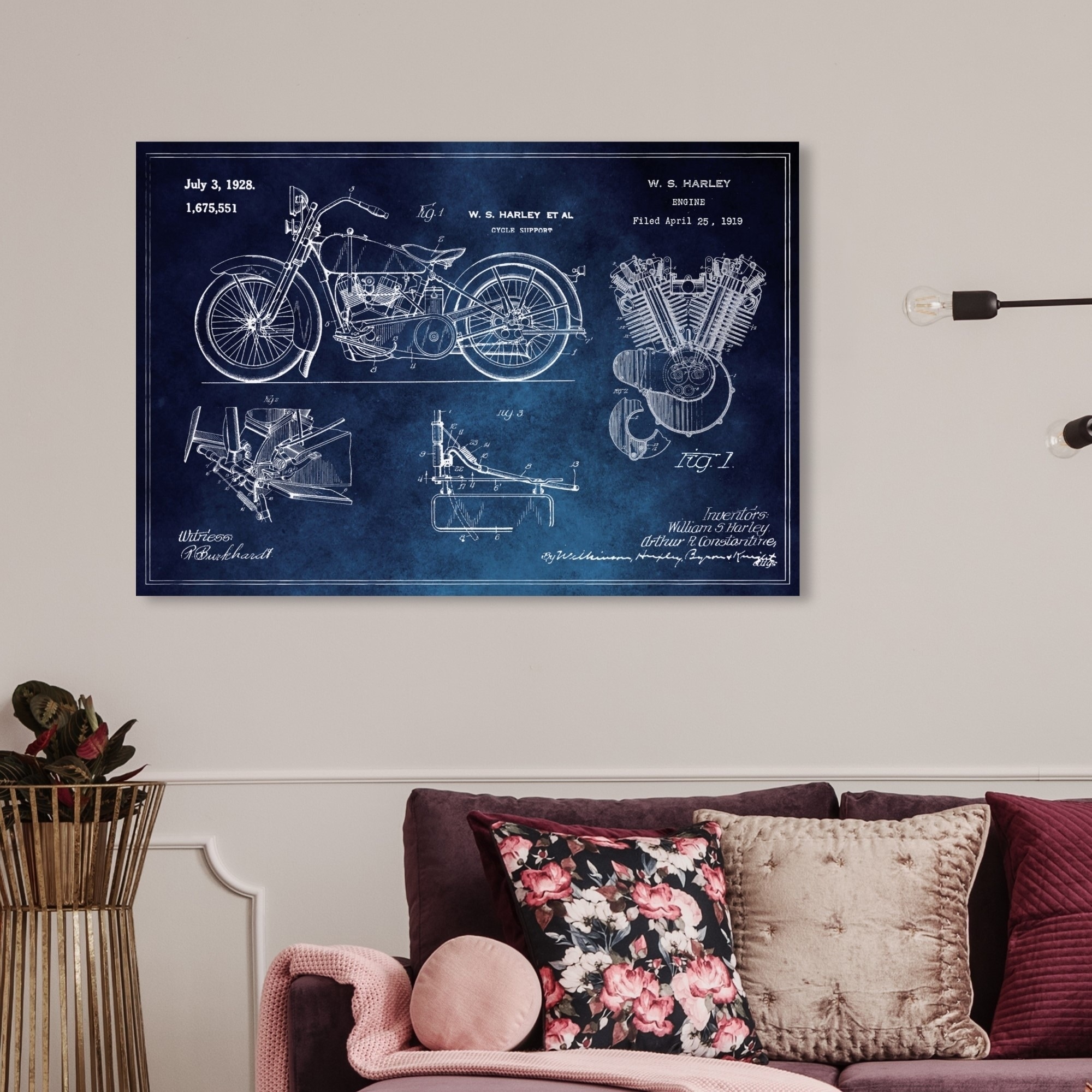 Wynwood Studio 'Harley Engine 1923 Set Horiz Blue Chalkboard ' Transportation Wall Art Canvas Print - Blue, White