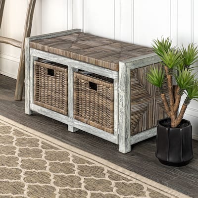 happimess Rustic 30" 2 Drawer Wicker Storage Bench, Gray