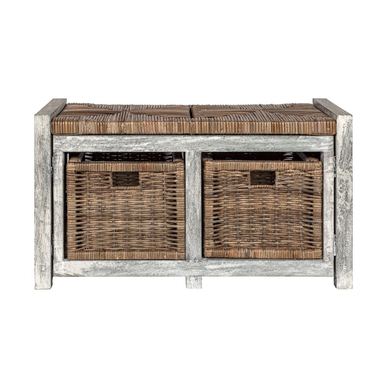 happimess Rustic 30" 2 Drawer Wicker Storage Bench, Gray