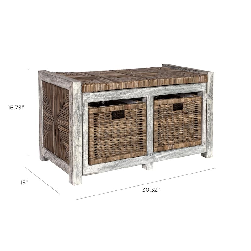 happimess Rustic 30" 2 Drawer Wicker Storage Bench, Gray