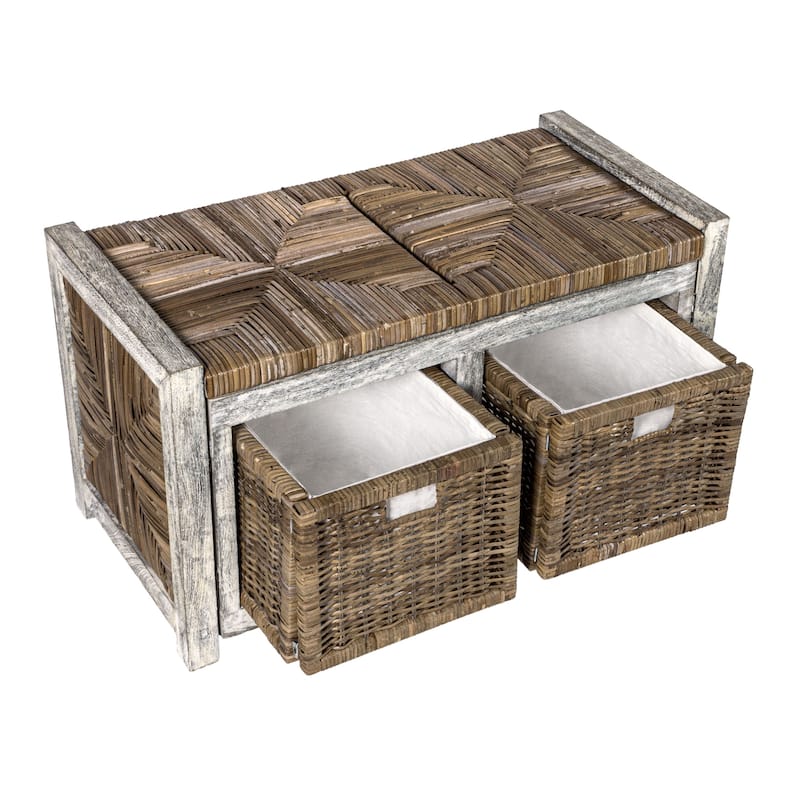 happimess Rustic 30" 2 Drawer Wicker Storage Bench, Gray