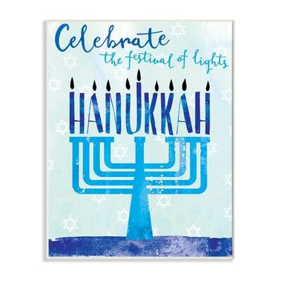 Stupell Industries Festival Of Lights Hanukkah Holiday Menorah Blue Word Design Wood Wall Art, Proudly Made in USA