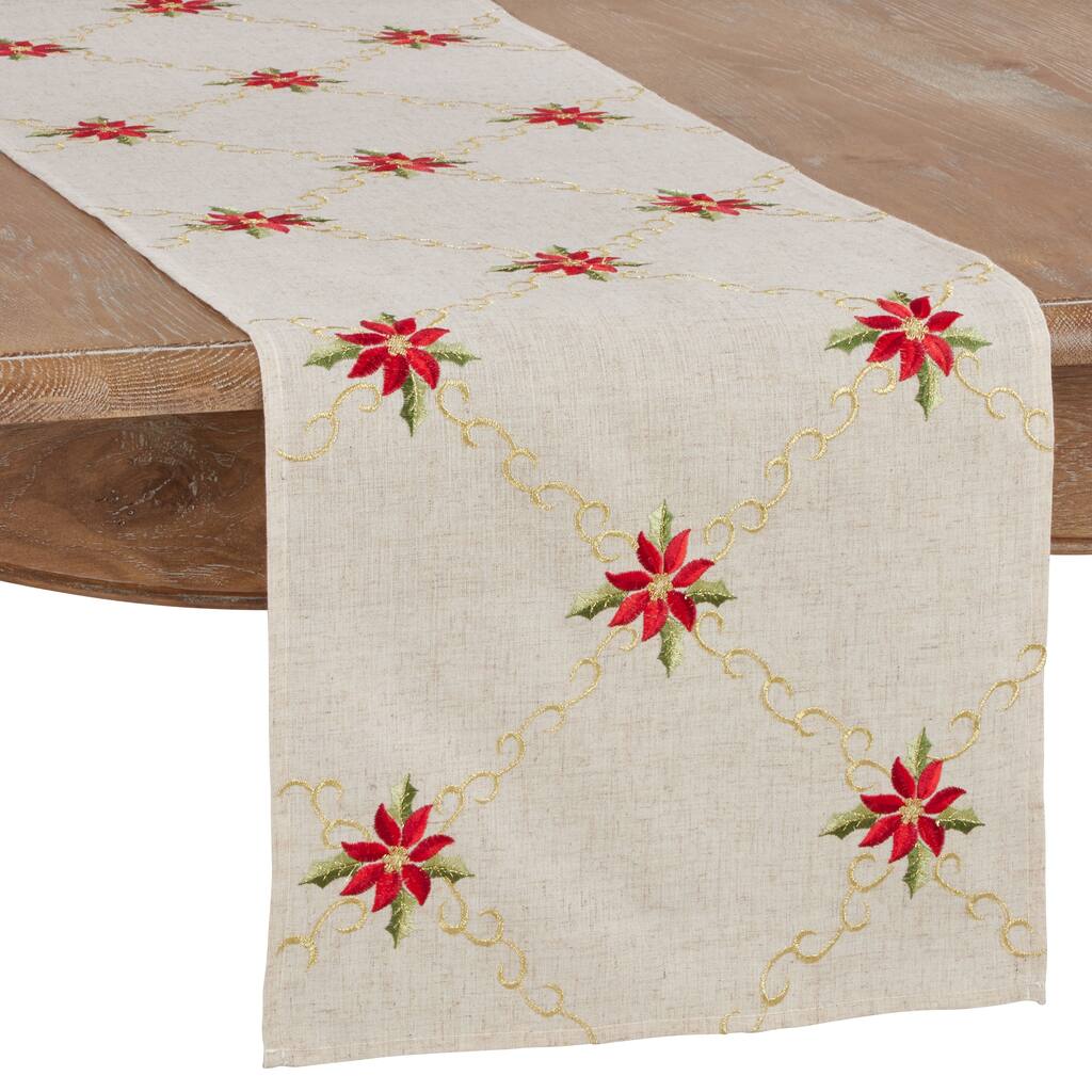 Long Table Runner With Poinsettia Embroidery
