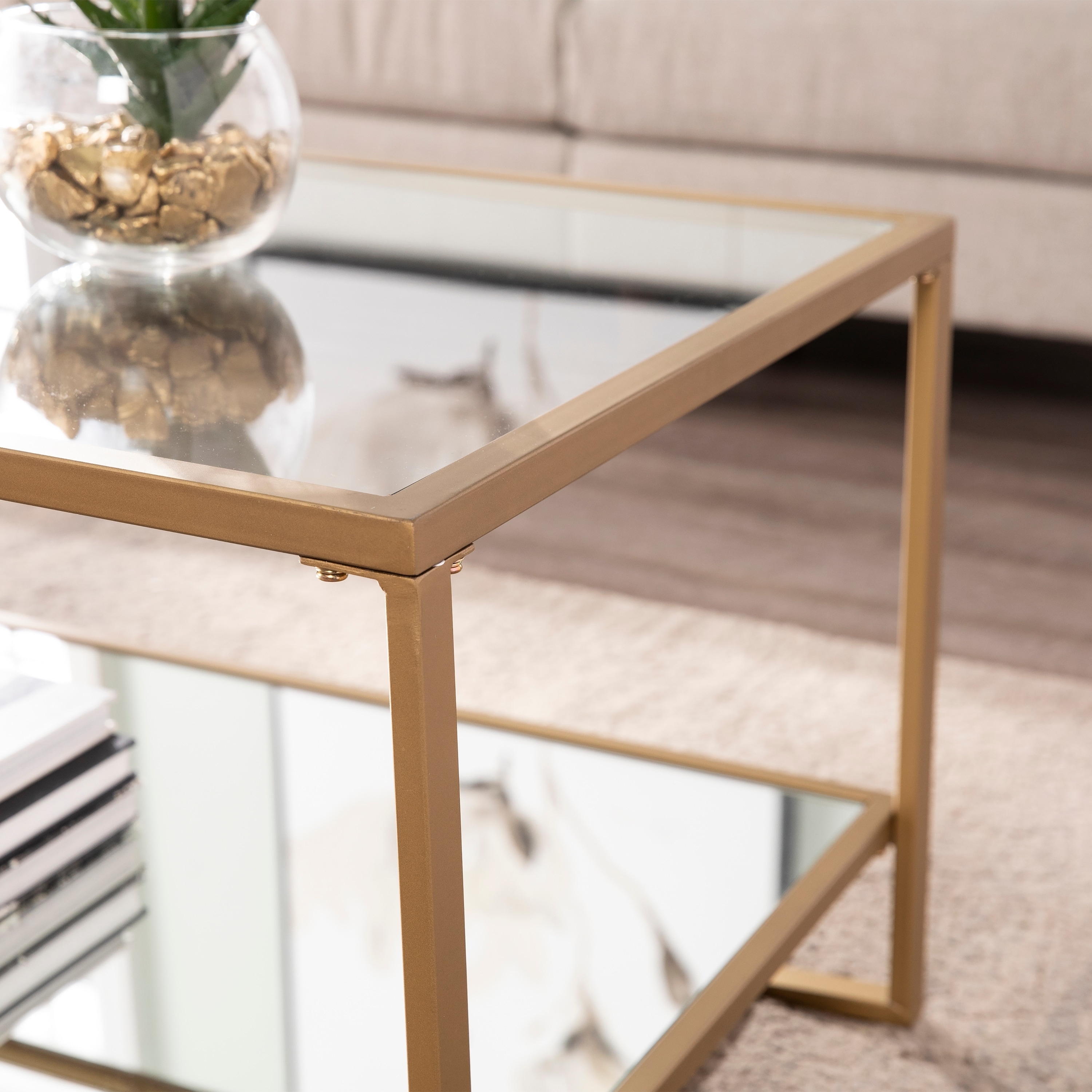 glam modern minimalist gold metal wood glass coffee table