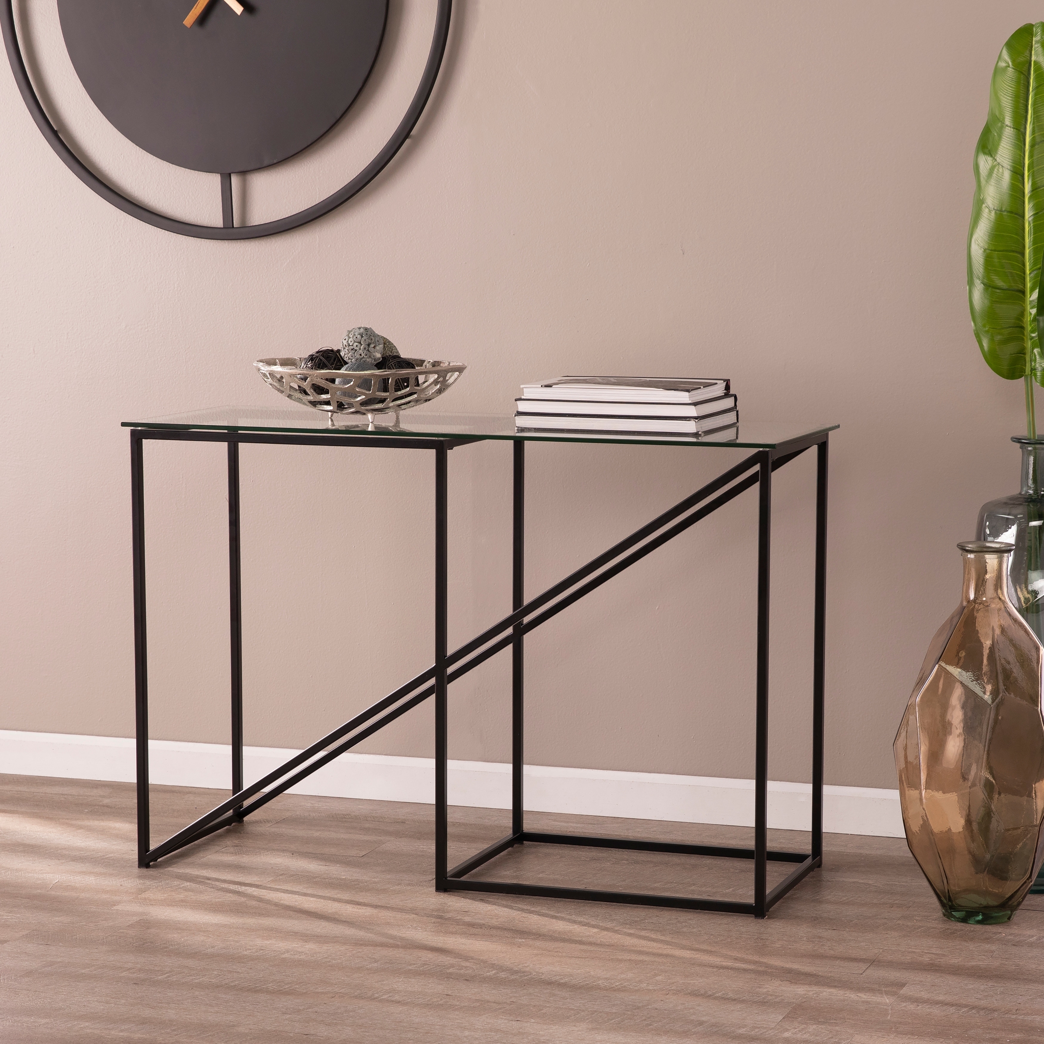 Shop Contemporary Black Metal Glass Console Table On Sale