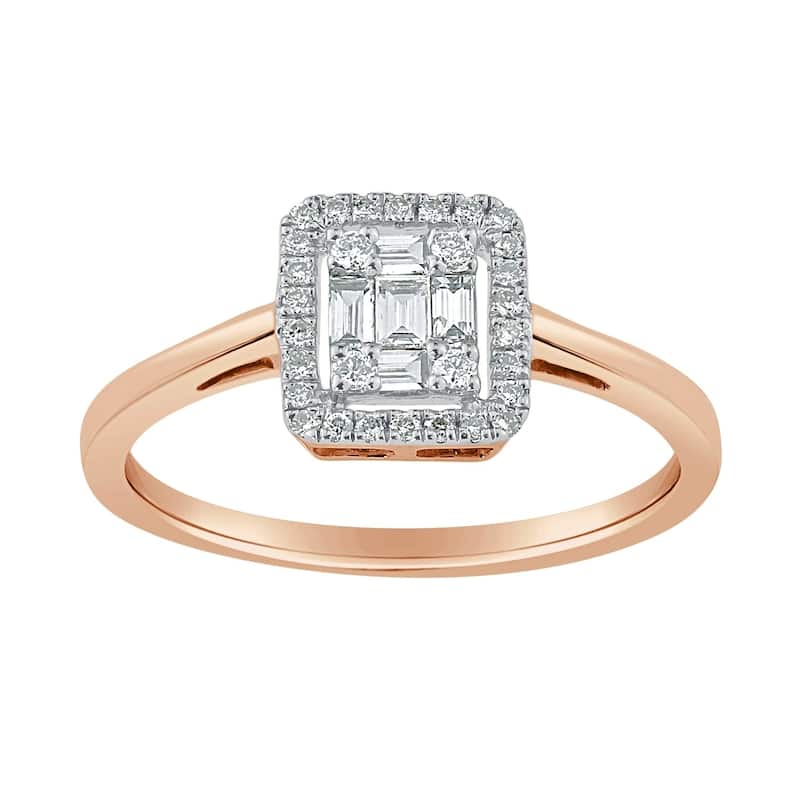Auriya 14k Gold 1/4ctw Diamond Emerald Shape Halo Engagement Ring (H-I, I1-I2) - Rose - 7.5