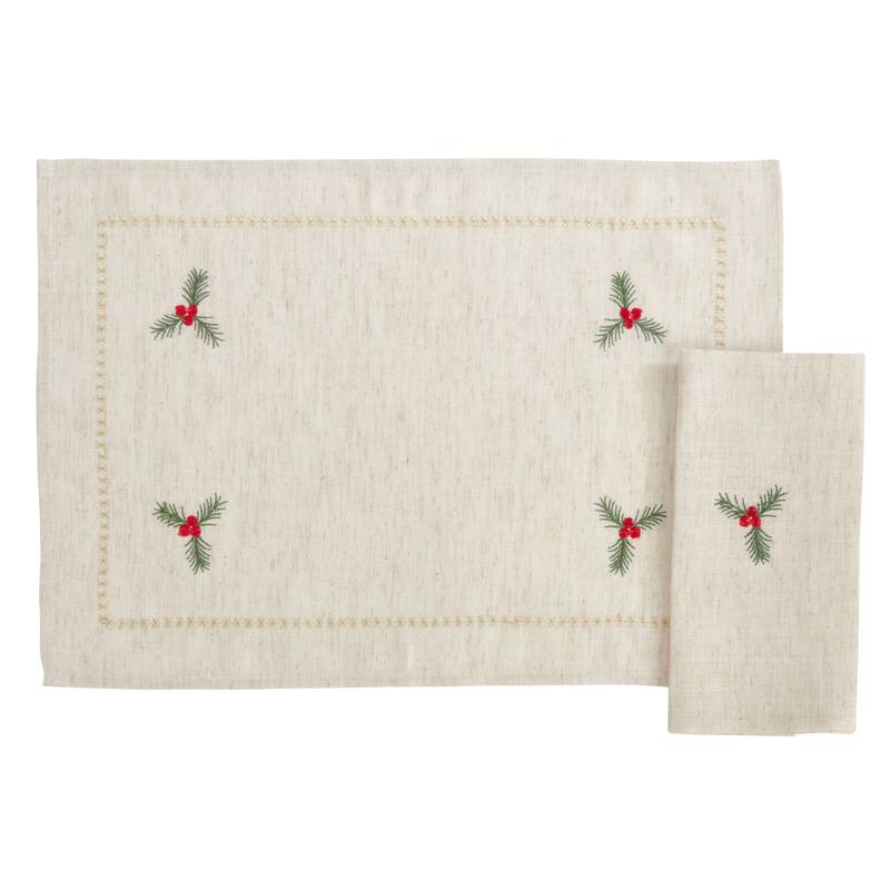 Embroidered Holly Placemats and Napkins 8 pcs Set (4 Placemats, 4 Napkins)