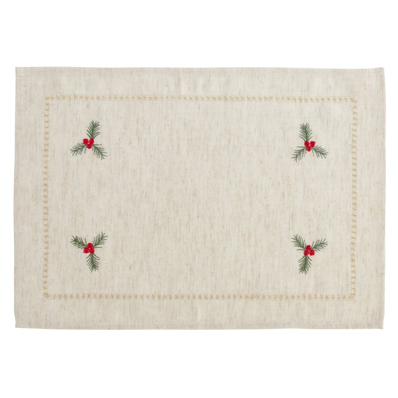 Embroidered Holly Placemats and Napkins 8 pcs Set (4 Placemats, 4 Napkins)