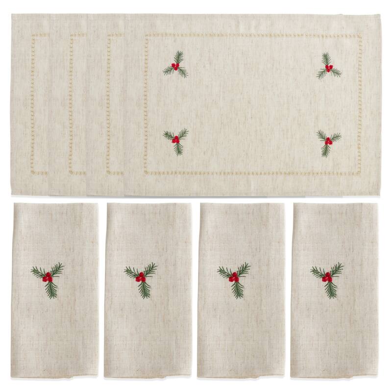 Embroidered Holly Placemats and Napkins 8 pcs Set (4 Placemats, 4 Napkins)